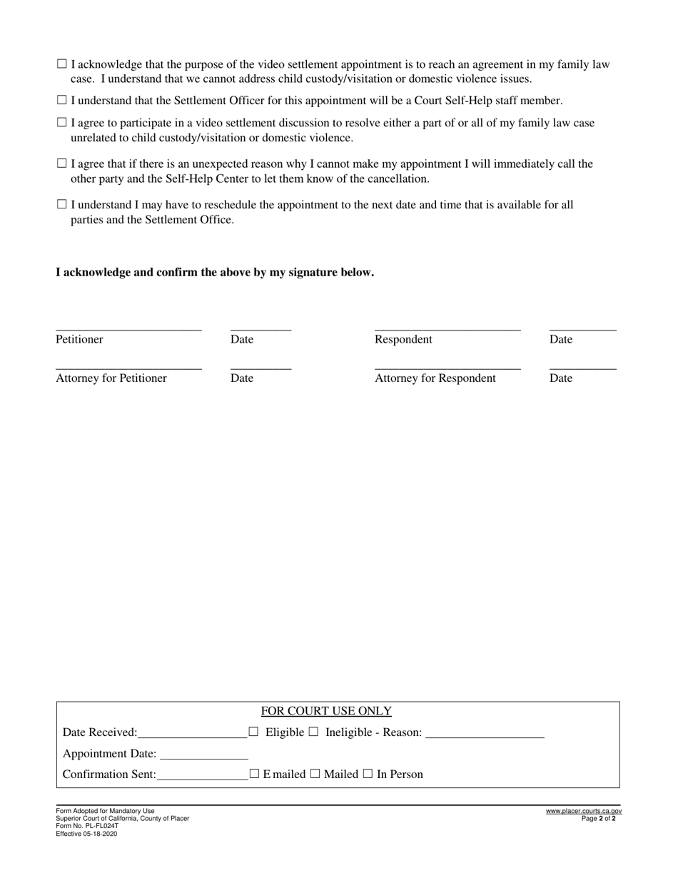 Form PL-FL024T Agreement to Schedule Video Self-help Settlement Services Appointment - County of Placer, California, Page 2