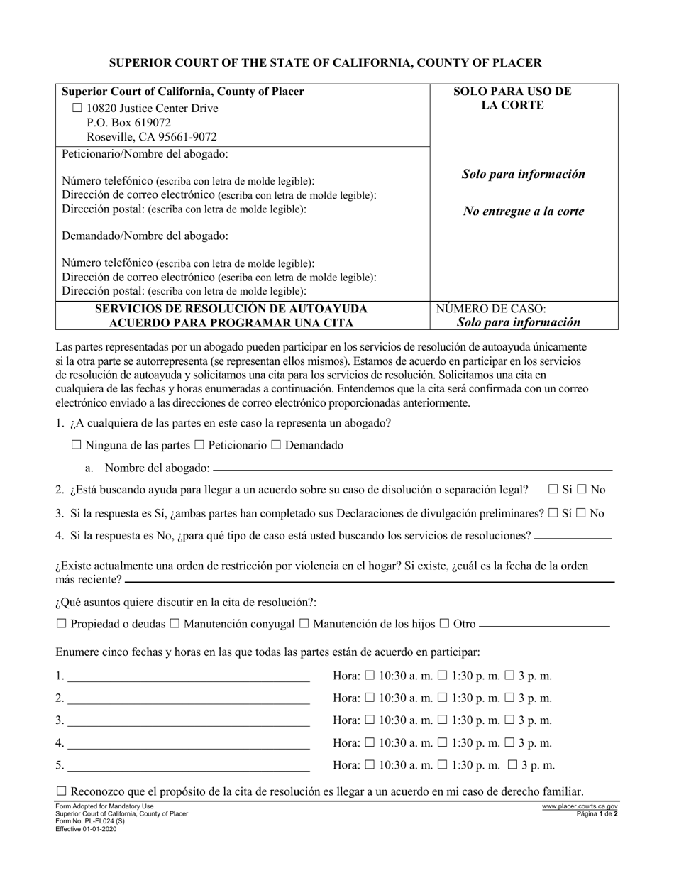 Formulario PL-FL024T Servicios De Resolucion De Autoayuda Acuerdo Para Programar Una Cita - County of Placer, California (Spanish), Page 1