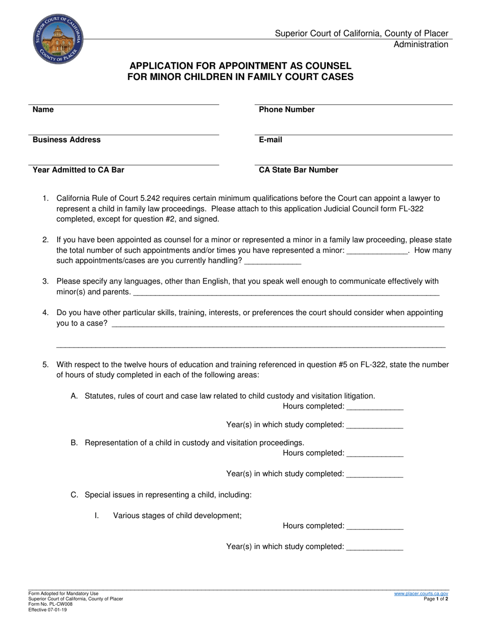 Form PL-CW008 Application for Appointment as Counsel for Minor Children in Family Court Cases - County of Placer, California, Page 1