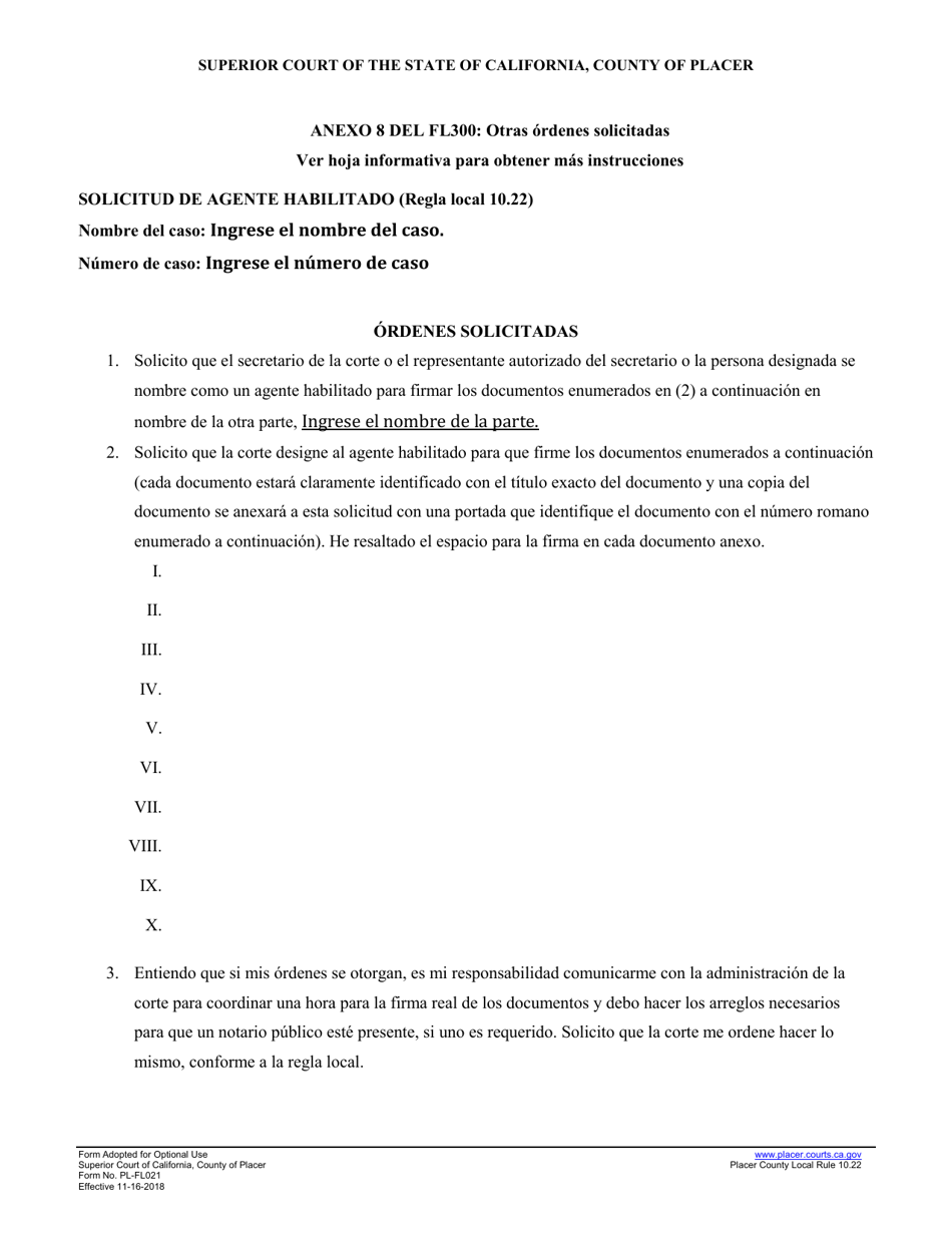 Formulario PL-FL021 Solicitud De Agente Habilitado - County of Placer, California (Spanish), Page 1