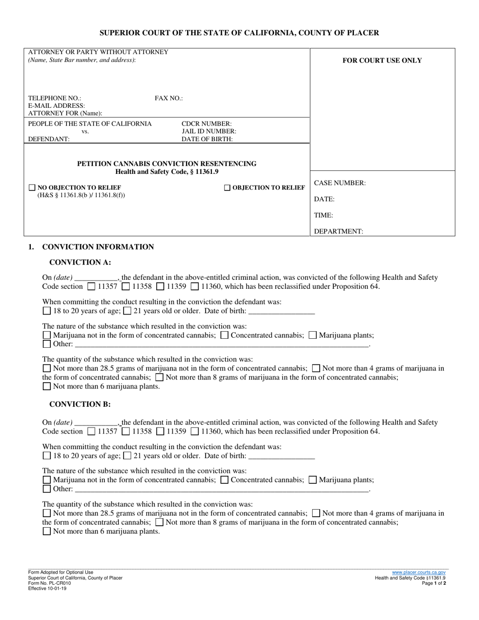 Form PL-CR010 Petition for Cannabis Conviction Resentencing - County of Placer, California, Page 1