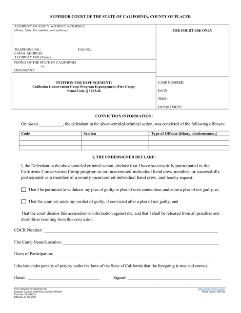 Form PL-CR016 Petition for Expungement - California Conservation Camp Program Expungement (Fire Camp) - County of Placer, California
