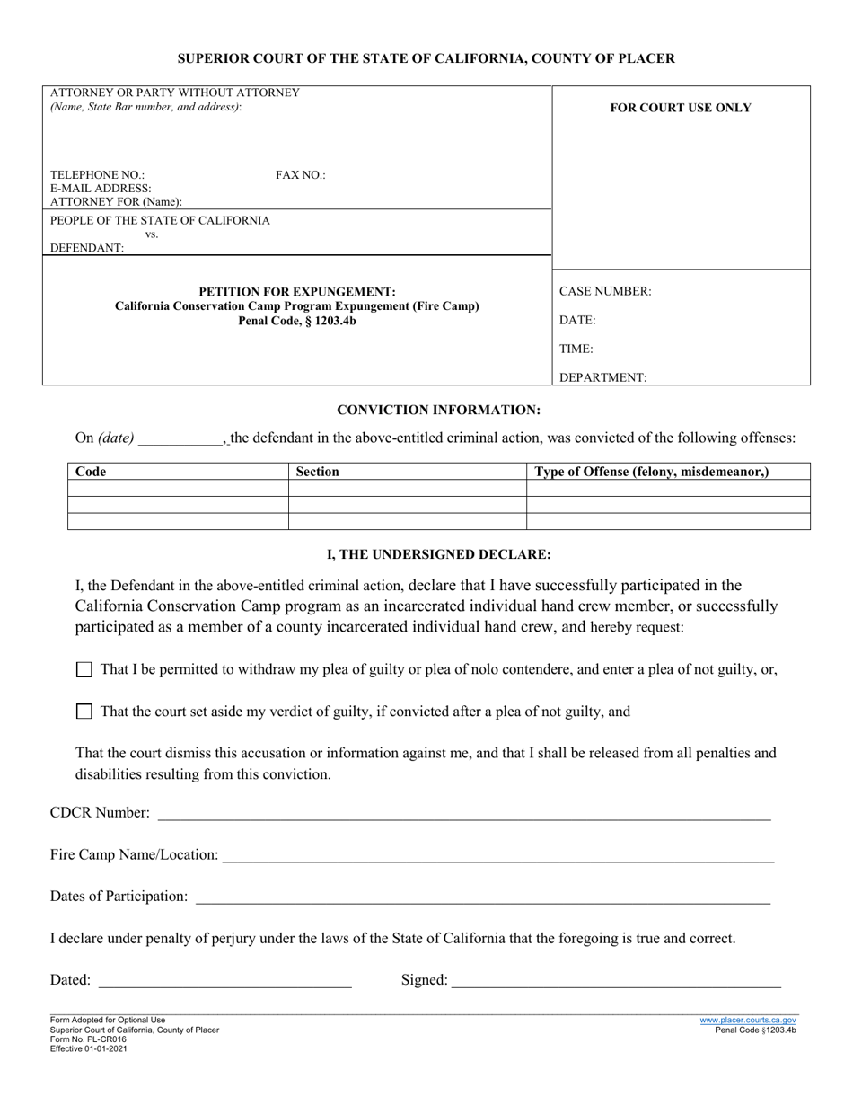 Form PL-CR016 Petition for Expungement - California Conservation Camp Program Expungement (Fire Camp) - County of Placer, California, Page 1