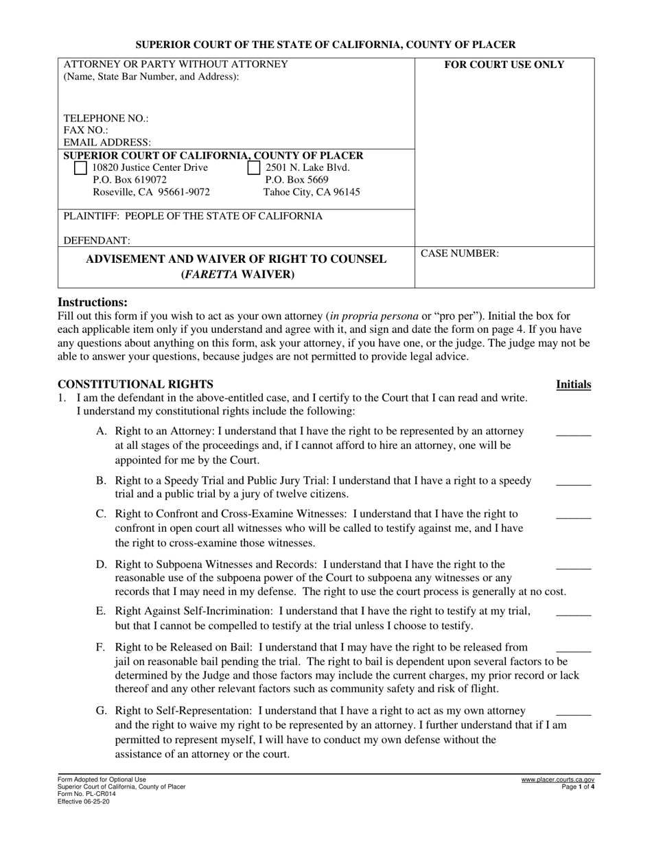Form PL-CR014 Advisement and Waiver of Right to Counsel (Faretta Waiver) - County of Placer, California, Page 1
