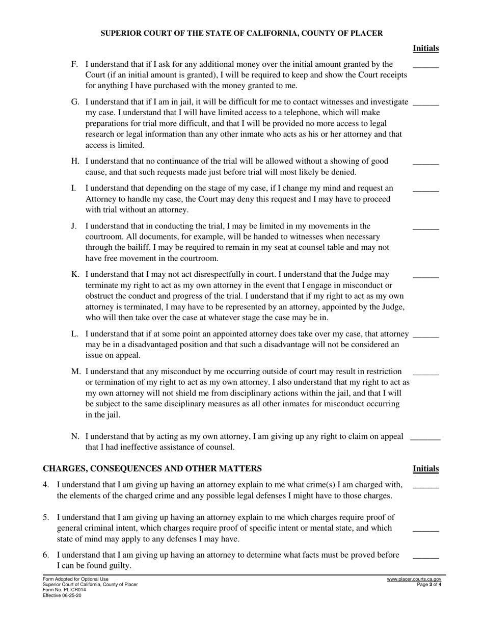 Form PL-CR014 Advisement and Waiver of Right to Counsel (Faretta Waiver) - County of Placer, California, Page 3