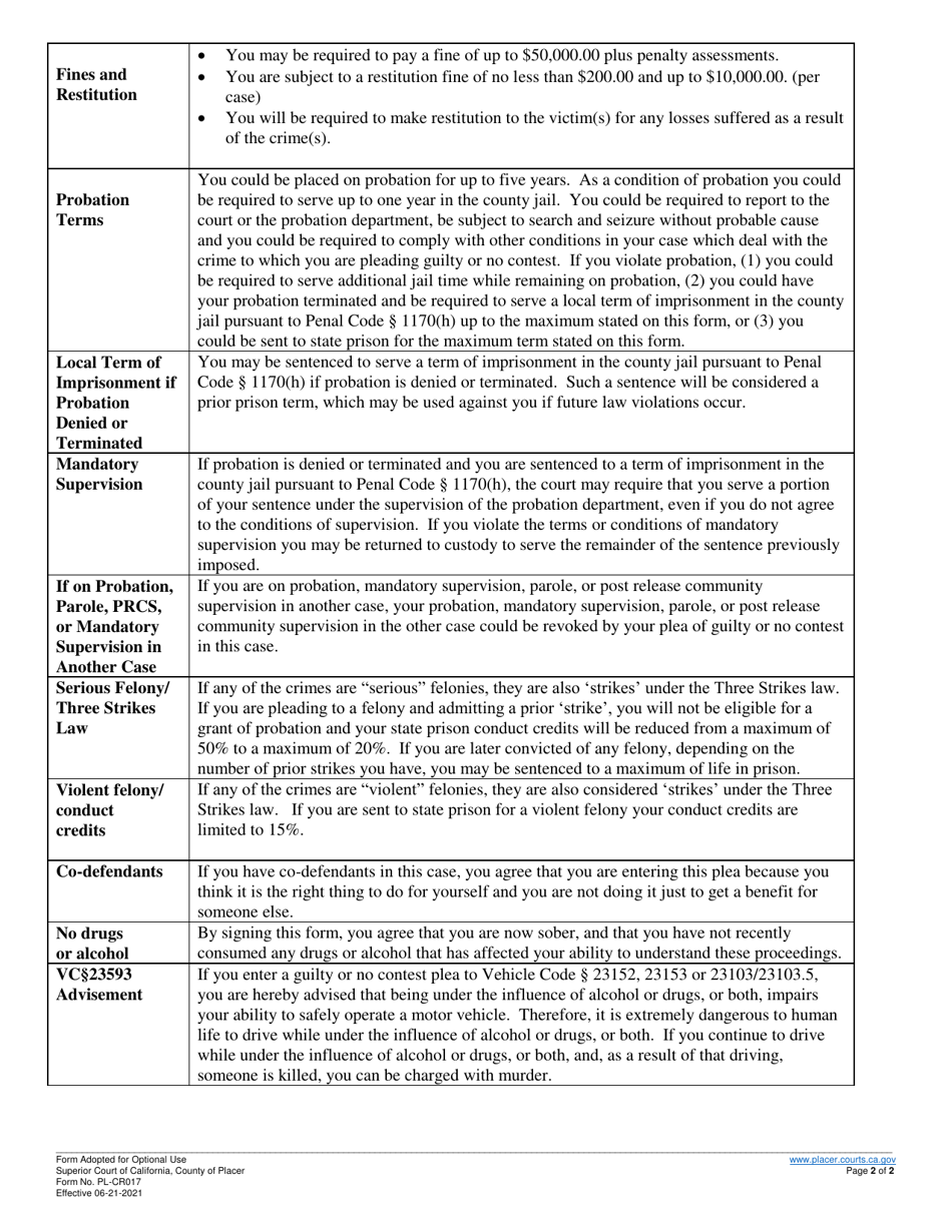 Form PL-CR017 Advisement and Waiver of Rights (Felony) - County of Placer, California, Page 2