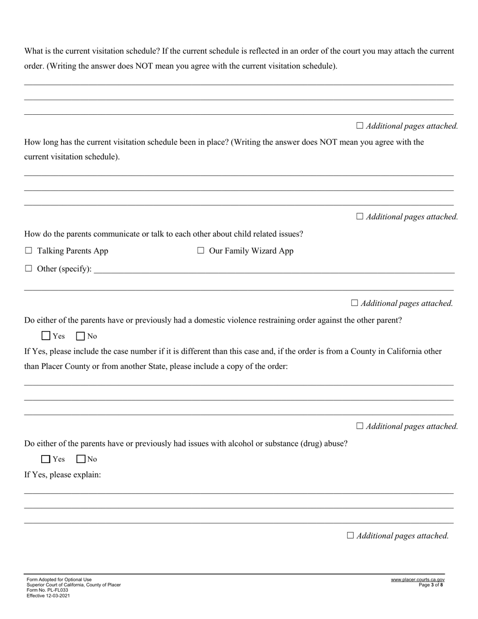 Form PL-FL033 Statement of Issues and Contentions for Custody and Visitation - County of Placer, California, Page 3
