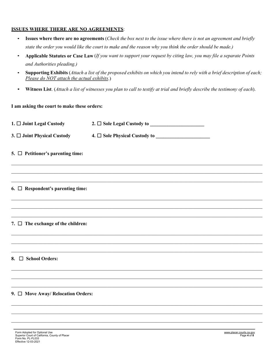 Form PL-FL033 Statement of Issues and Contentions for Custody and Visitation - County of Placer, California, Page 4