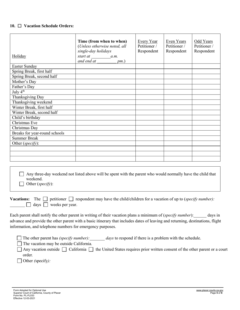 Form PL-FL033 Statement of Issues and Contentions for Custody and Visitation - County of Placer, California, Page 5