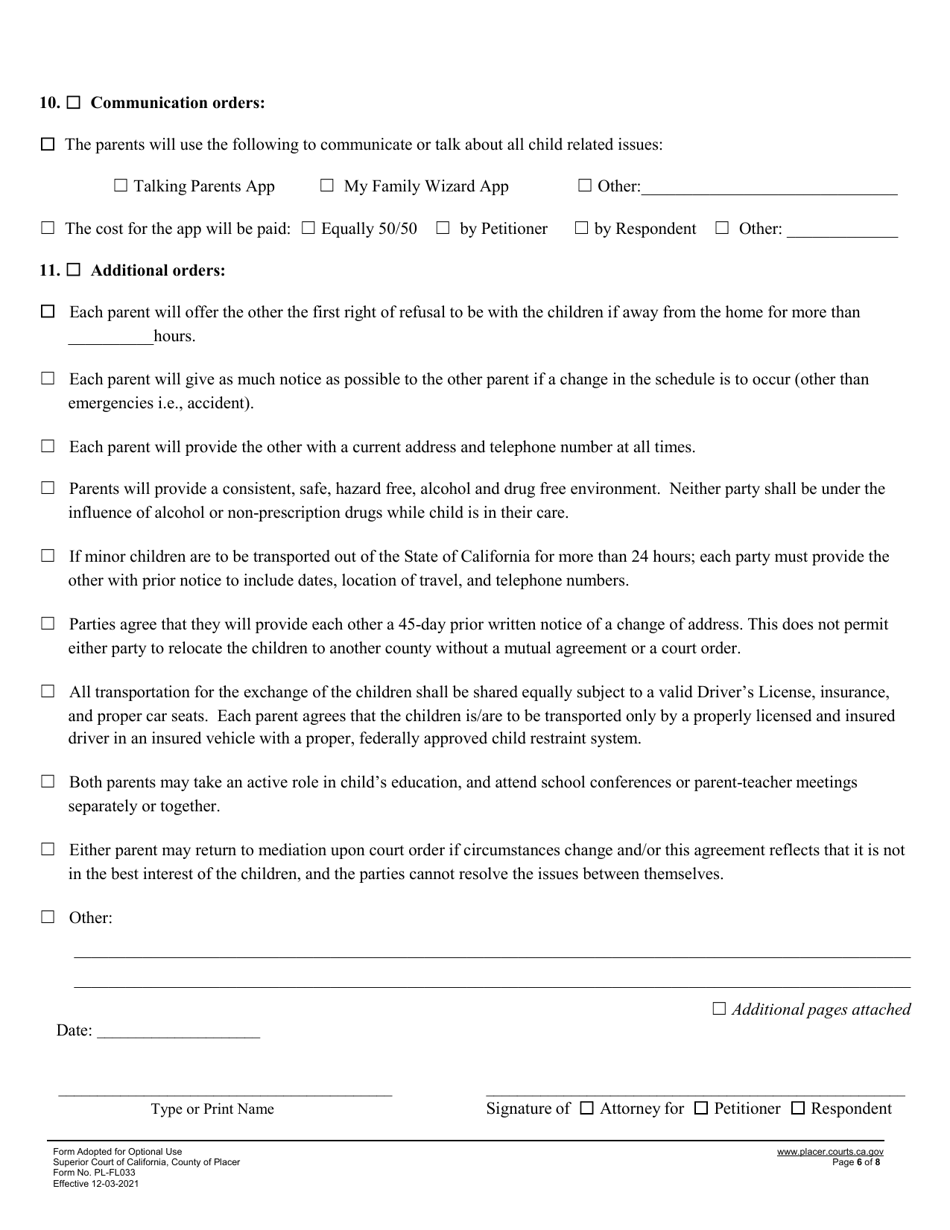 Form PL-FL033 Statement of Issues and Contentions for Custody and Visitation - County of Placer, California, Page 6