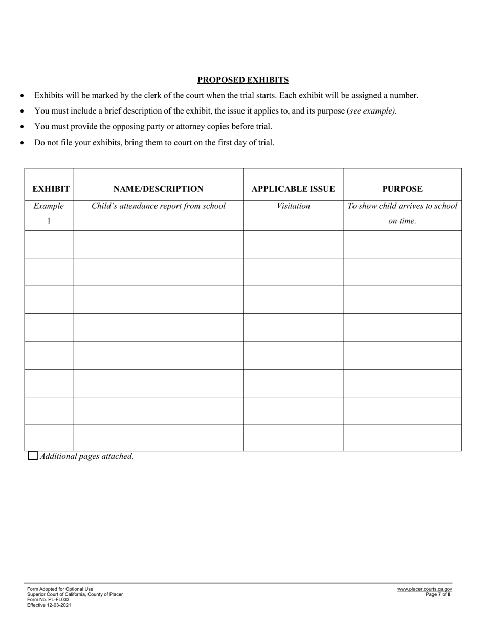 Form PL-FL033 Statement of Issues and Contentions for Custody and Visitation - County of Placer, California, Page 7