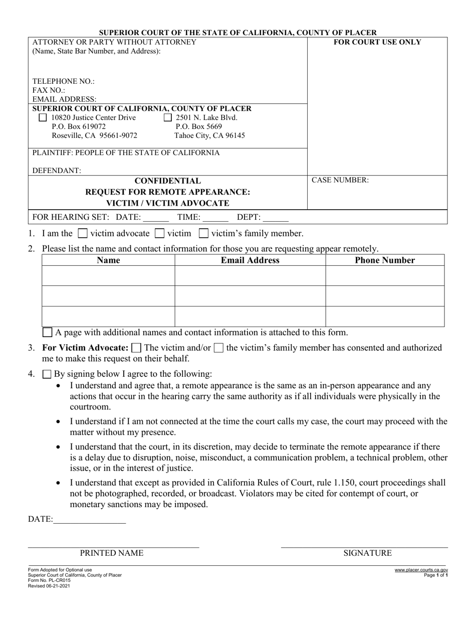Form PL-CR015 Request for Remote Appearance - Victim / Victim Advocate - County of Placer, California, Page 1