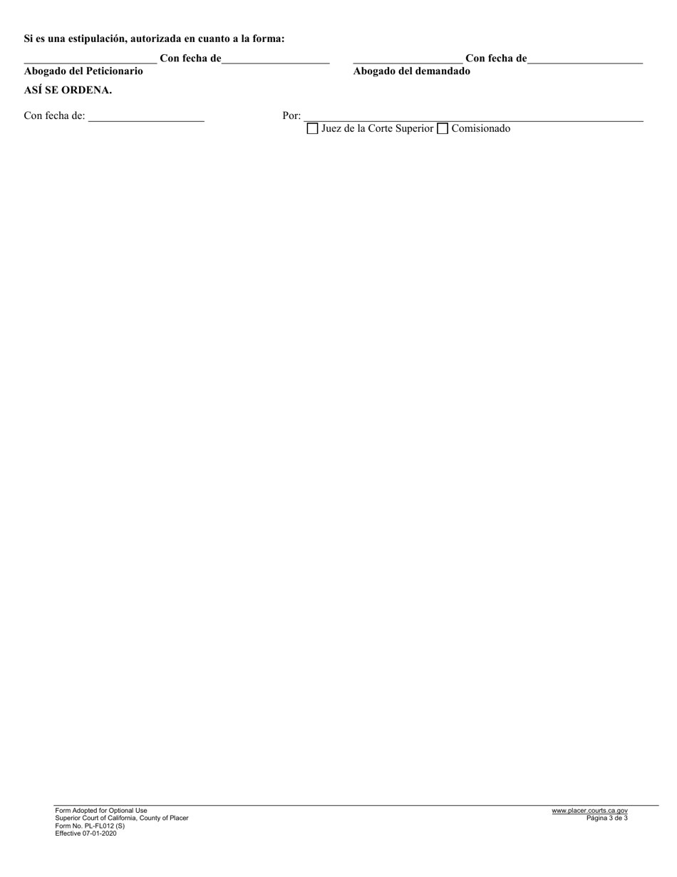 Formulario PL-FL012 Orden Y Estipulacion De Derecho Familiar - County of Placer, California (Spanish), Page 3