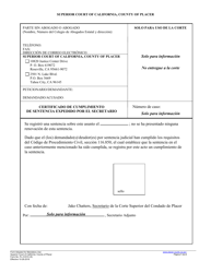 Document preview: Formulario PL-CV010 Certificado De Cumplimiento De Sentencia Expedido Por El Secretario - County of Placer, California (Spanish)