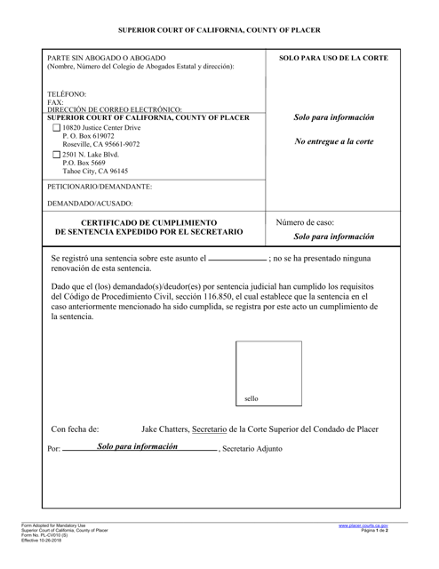 Formulario PL-CV010 Certificado De Cumplimiento De Sentencia Expedido Por El Secretario - County of Placer, California (Spanish)