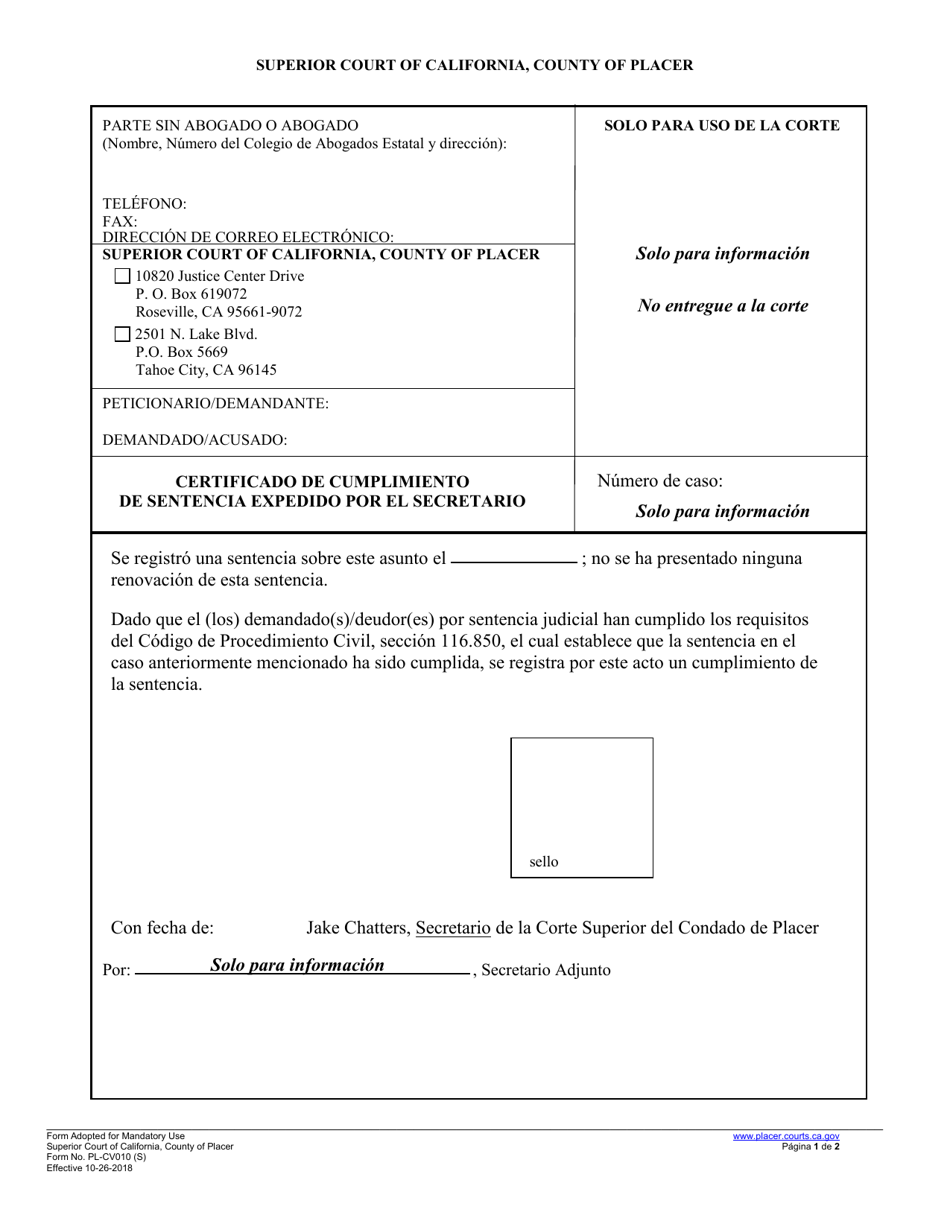 Formulario PL-CV010 Certificado De Cumplimiento De Sentencia Expedido Por El Secretario - County of Placer, California (Spanish), Page 1