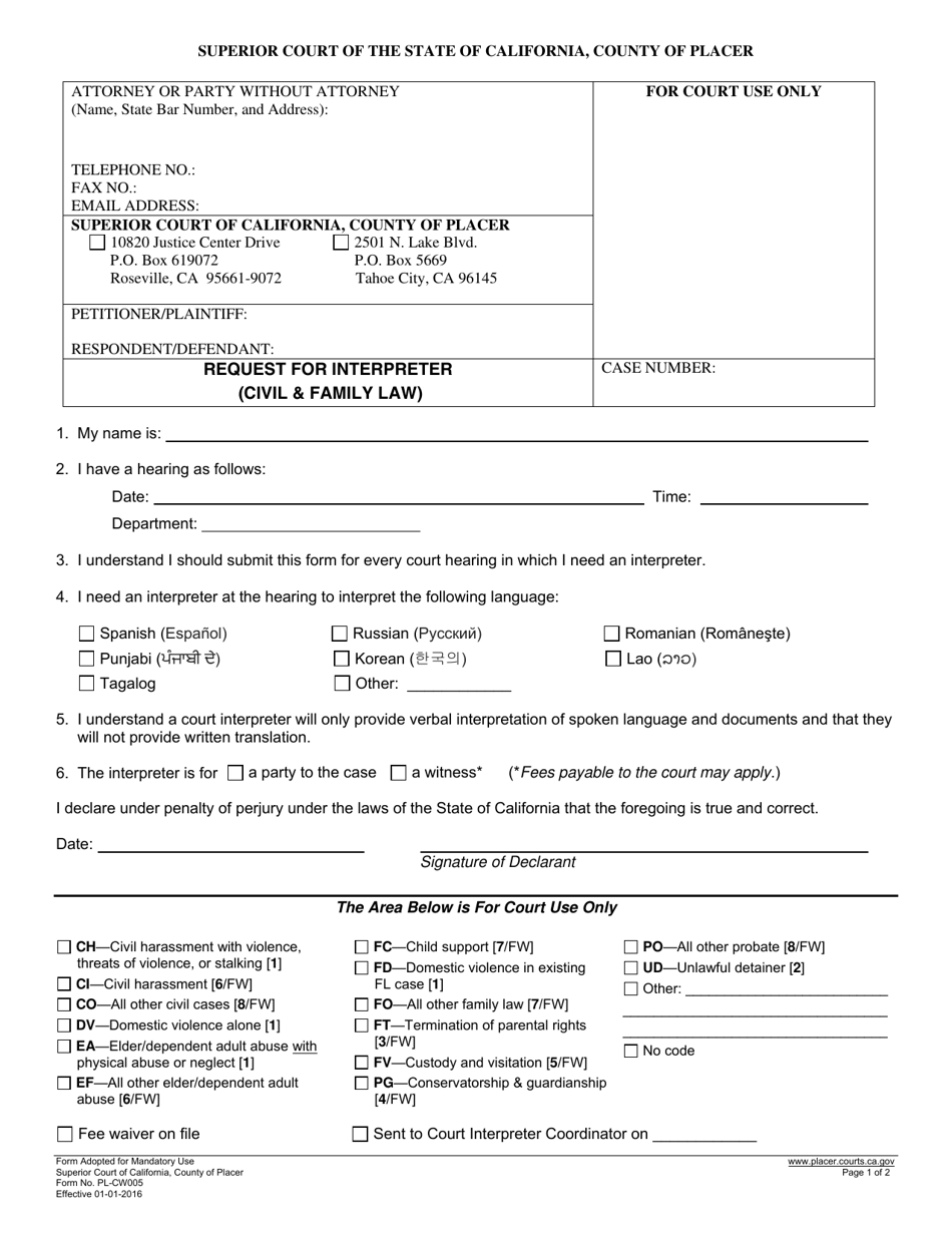 Form PL-CW005 Request for Interpreter (Civil and Family Law) - County of Placer, California, Page 1