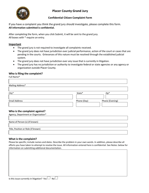 Confidential Citizen Complaint Form - County of Placer, California