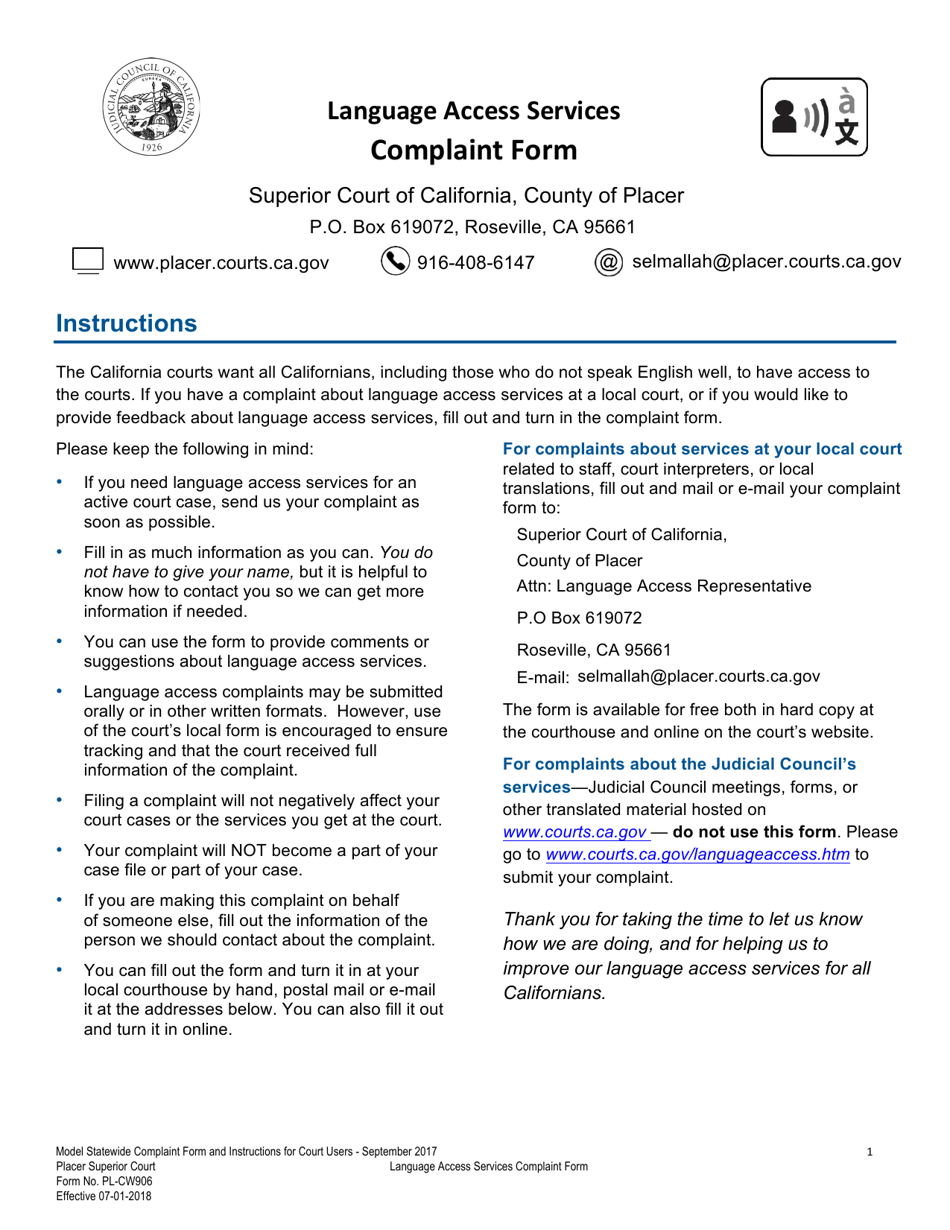 Form PL-CW906 Language Access Services Complaint Form - County of Placer, California, Page 1