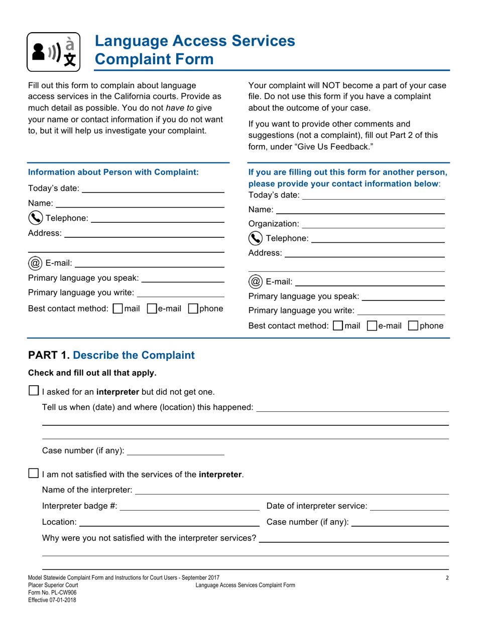 Form PL-CW906 Language Access Services Complaint Form - County of Placer, California, Page 2