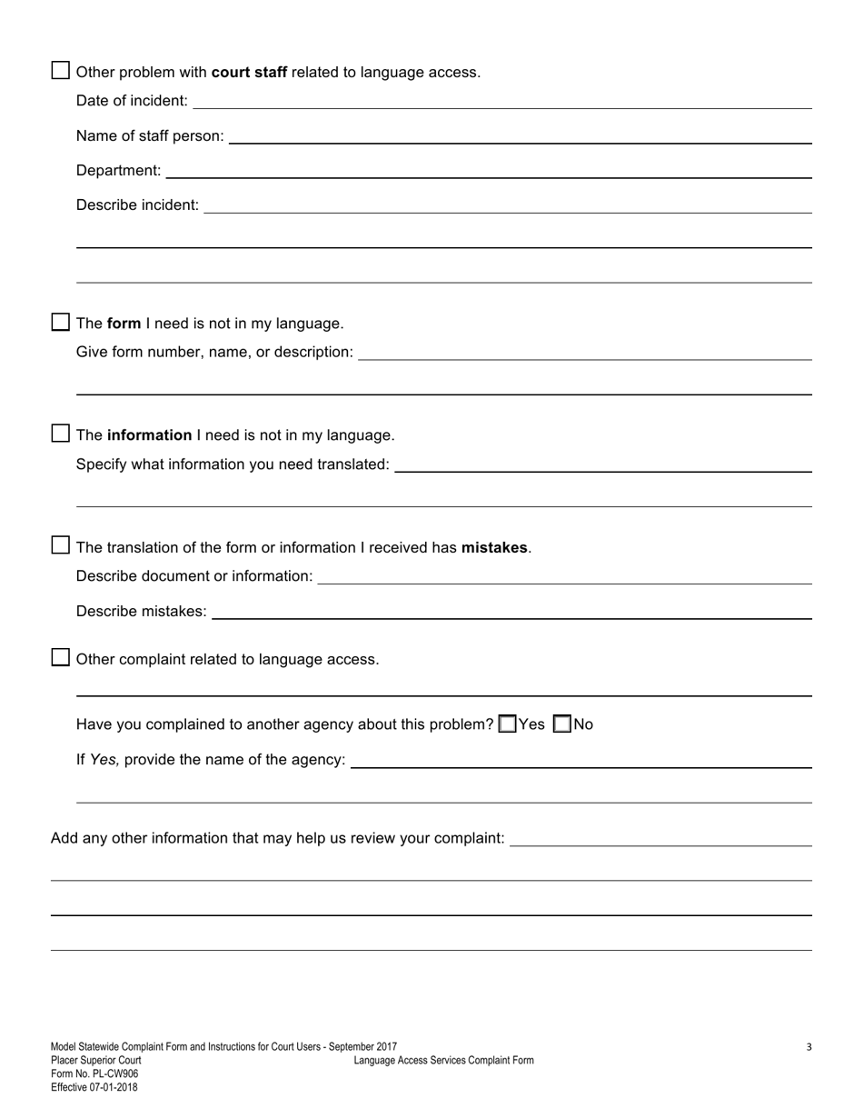 Form PL-CW906 Language Access Services Complaint Form - County of Placer, California, Page 3