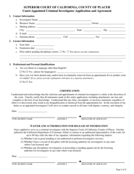 Document preview: Court-Appointed Criminal Investigator Application and Agreement - County of Placer, California