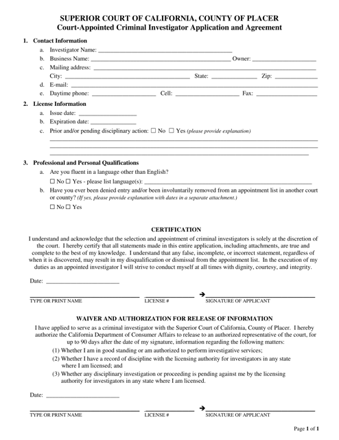 Court-Appointed Criminal Investigator Application and Agreement - County of Placer, California Download Pdf