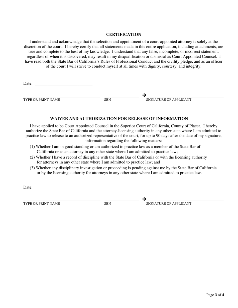 Court-Appointed Counsel Reclassification Application and Agreement - County of Placer, California, Page 3