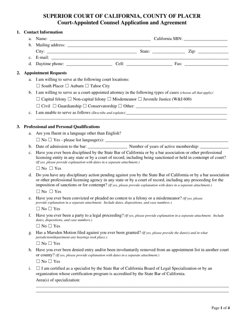 Court-Appointed Counsel Application and Agreement - County of Placer, California Download Pdf