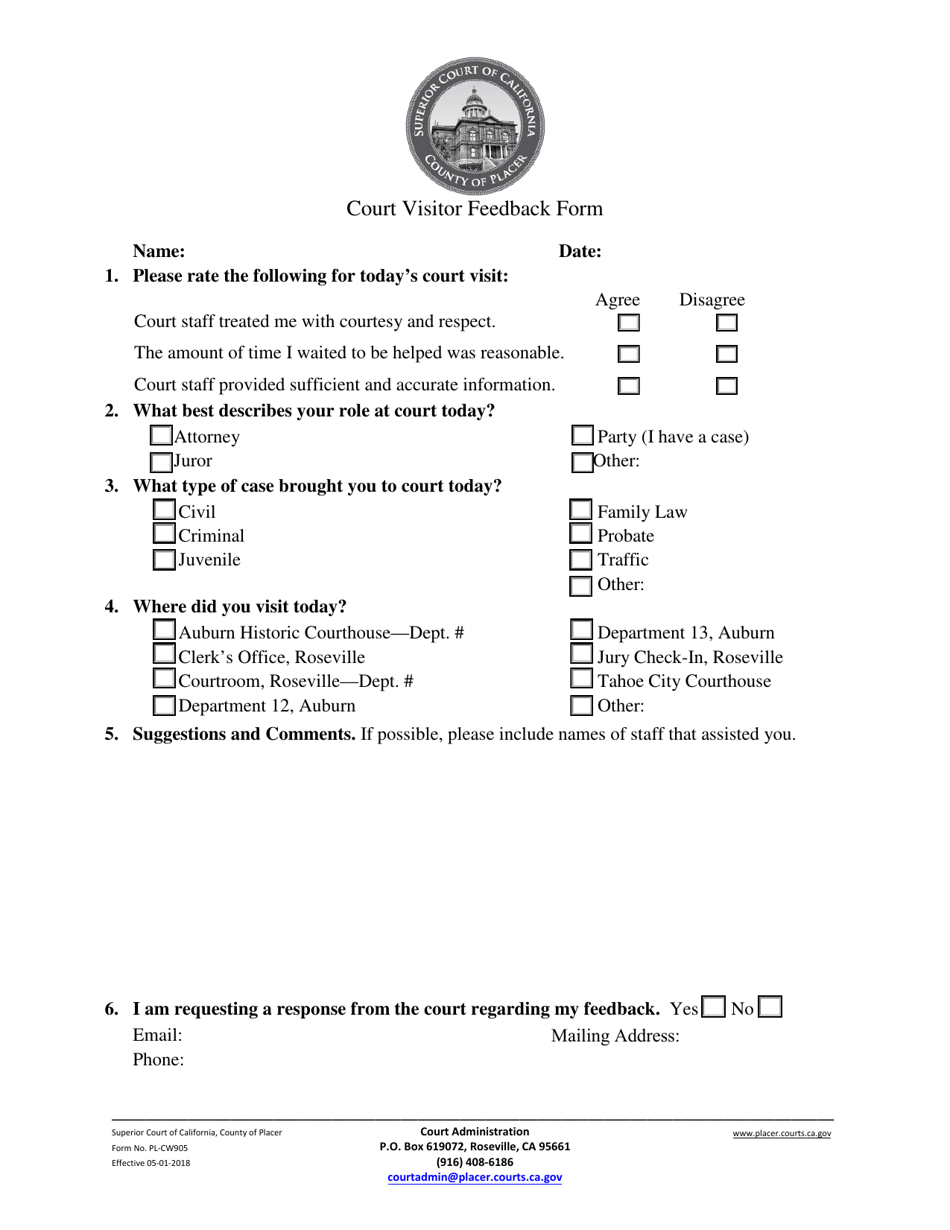 Form PL-CW905 Court Visitor Feedback Form - County of Placer, California (English / Spanish), Page 1