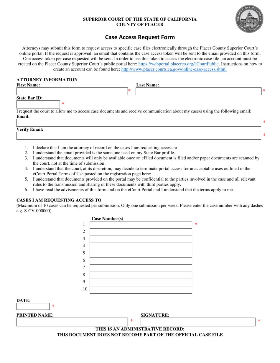Case Access Request Form - County of Placer, California, Page 1