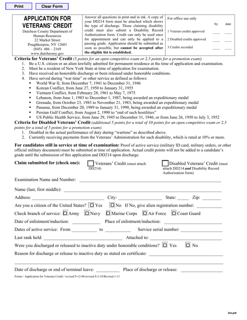 Application for Veterans' Credit - Dutchess County, New York Download Pdf