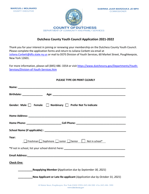 Youth Council Application - Dutchess County, New York Download Pdf