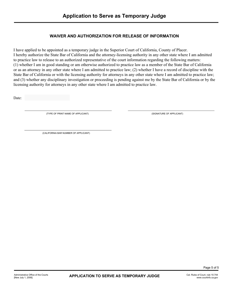 Application to Serve as Temporary Judge - County of Placer, California, Page 5