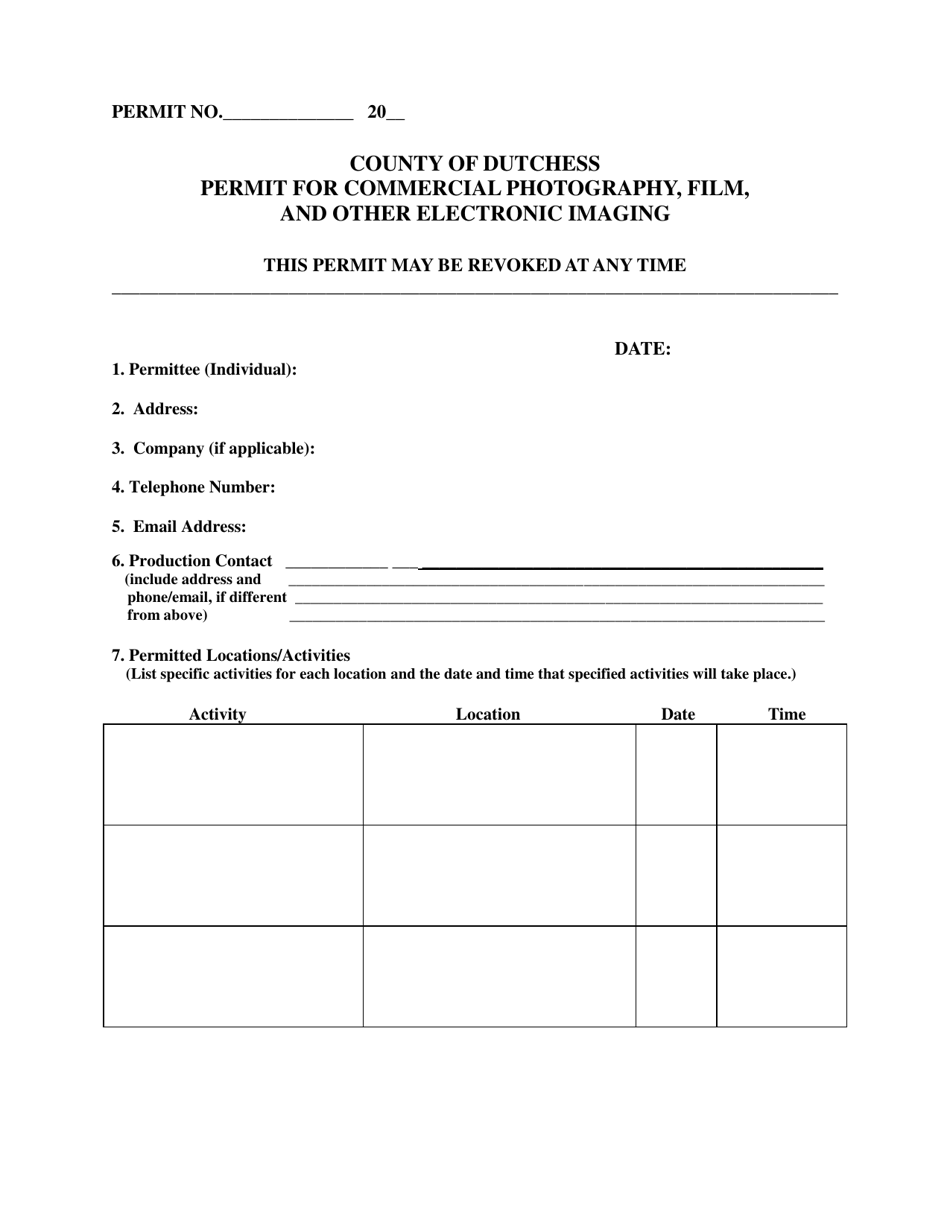 Permit for Commercial Photography, Film, and Other Electronic Imaging - Dutchess County, New York, Page 1