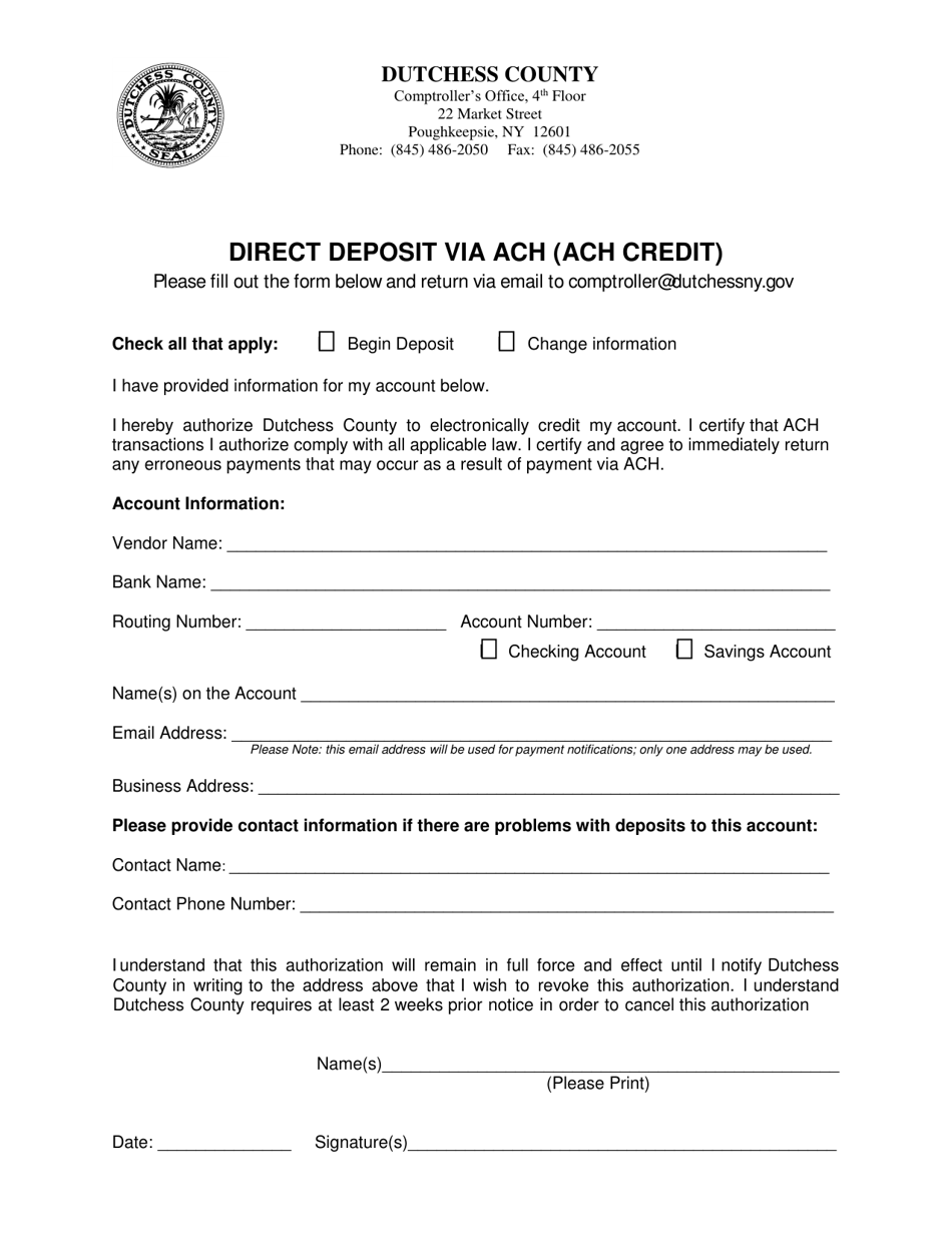 Dutchess county new york direct deposit via ach ach credit fill