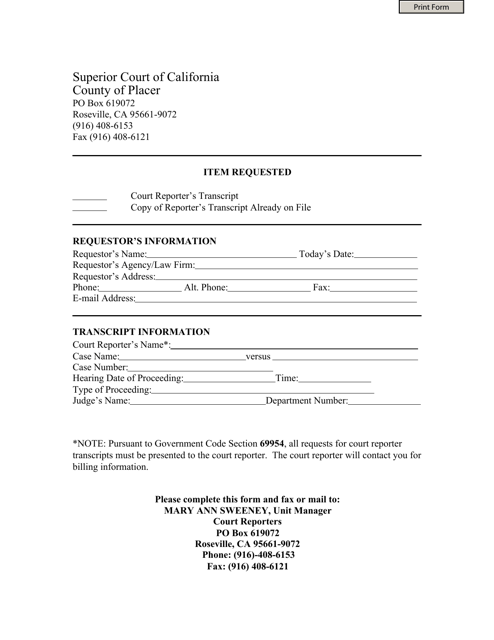 Transcript Request Form - County of Placer, California Download Pdf