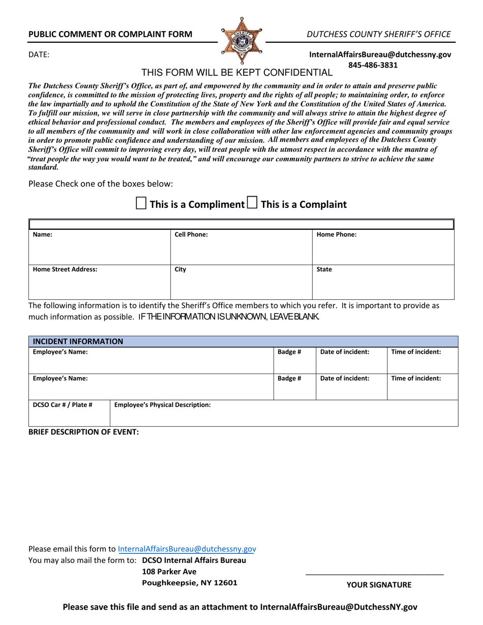 Public Comment or Complaint Form - Dutchess County, New York, Page 1