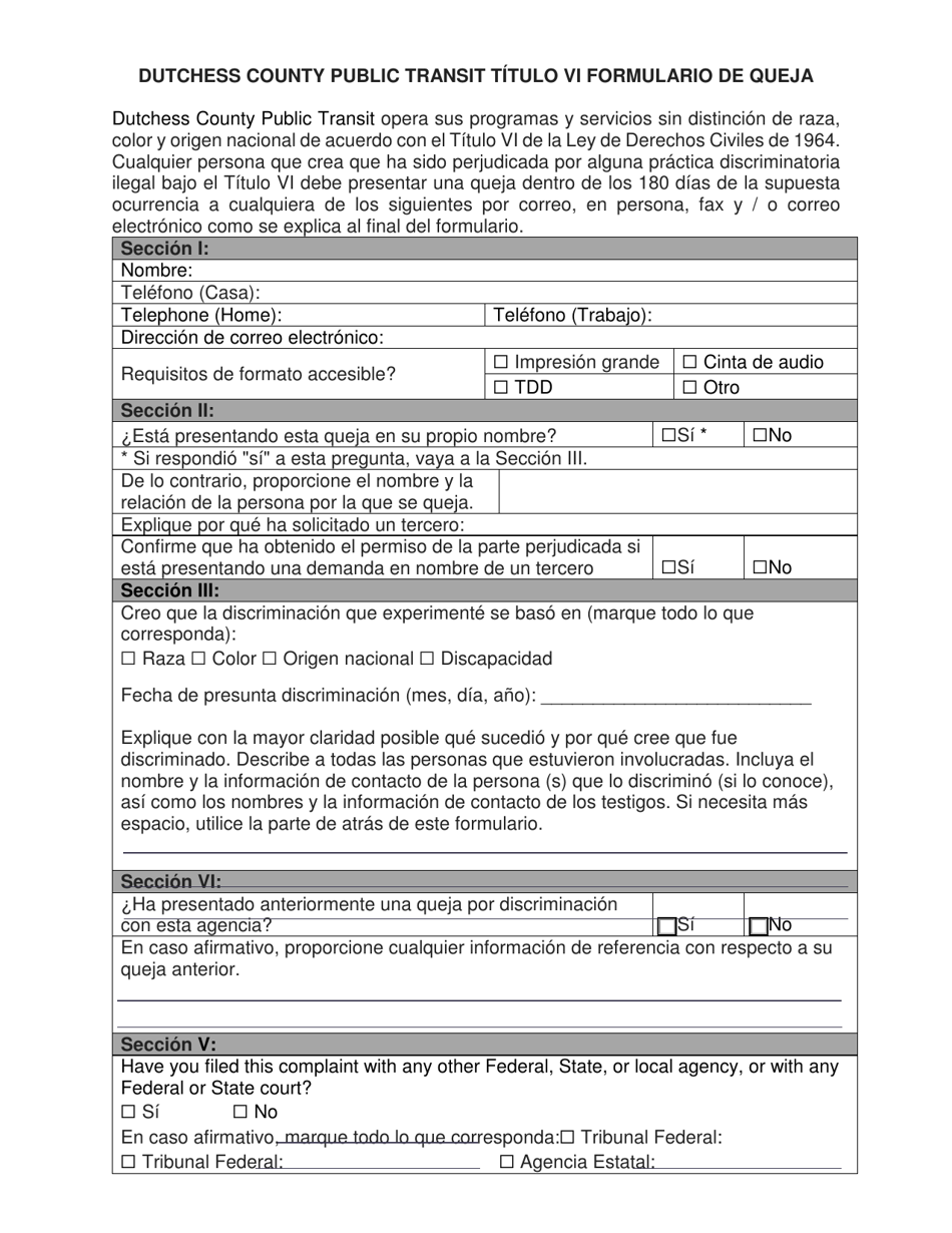 Title VI Complaint Form - Dutchess County, New York (English / Spanish), Page 3