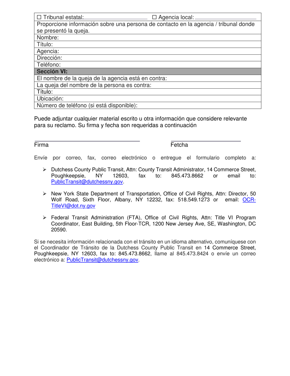 Title VI Complaint Form - Dutchess County, New York (English / Spanish), Page 4