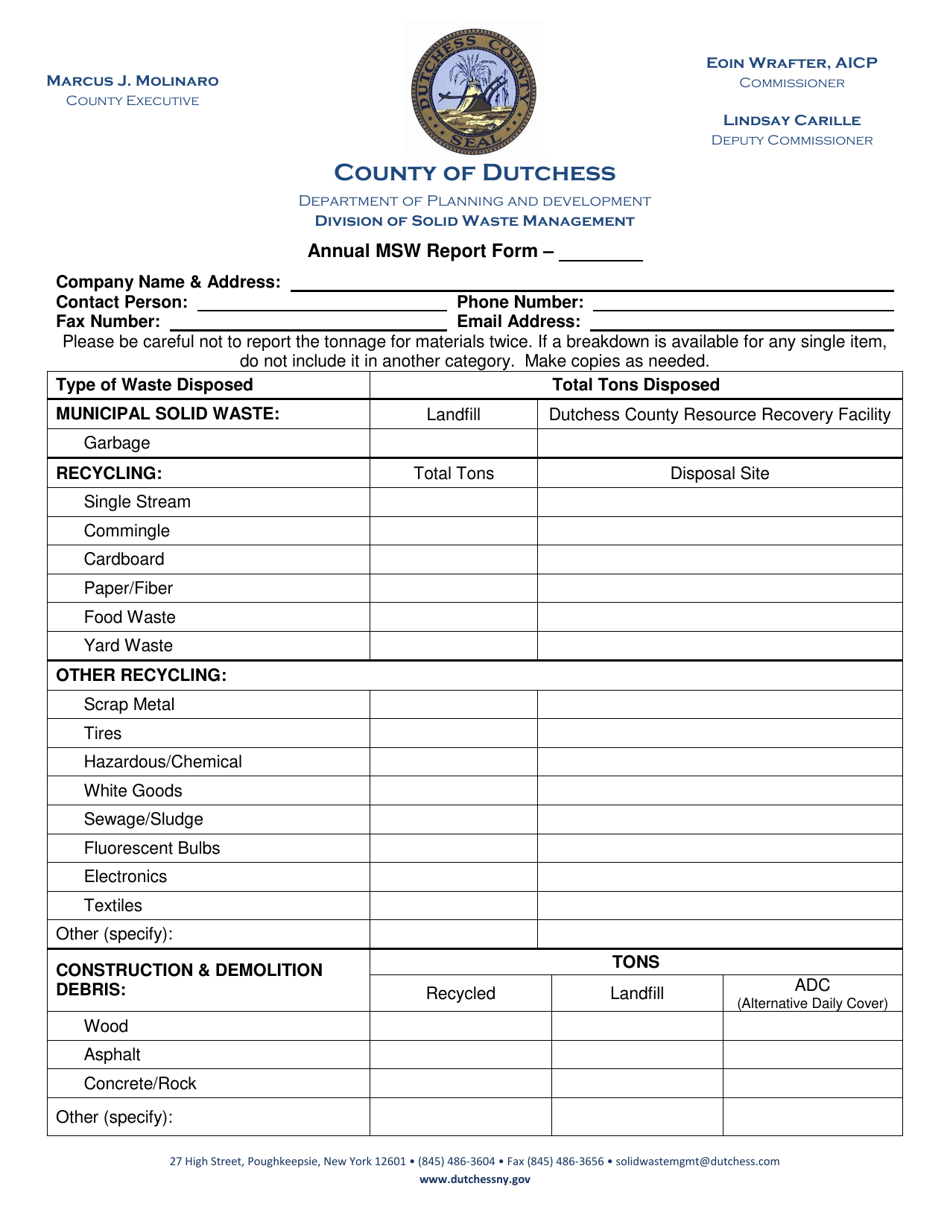 Annual Recycling Report Form - Hauler - Dutchess County, New York, Page 1