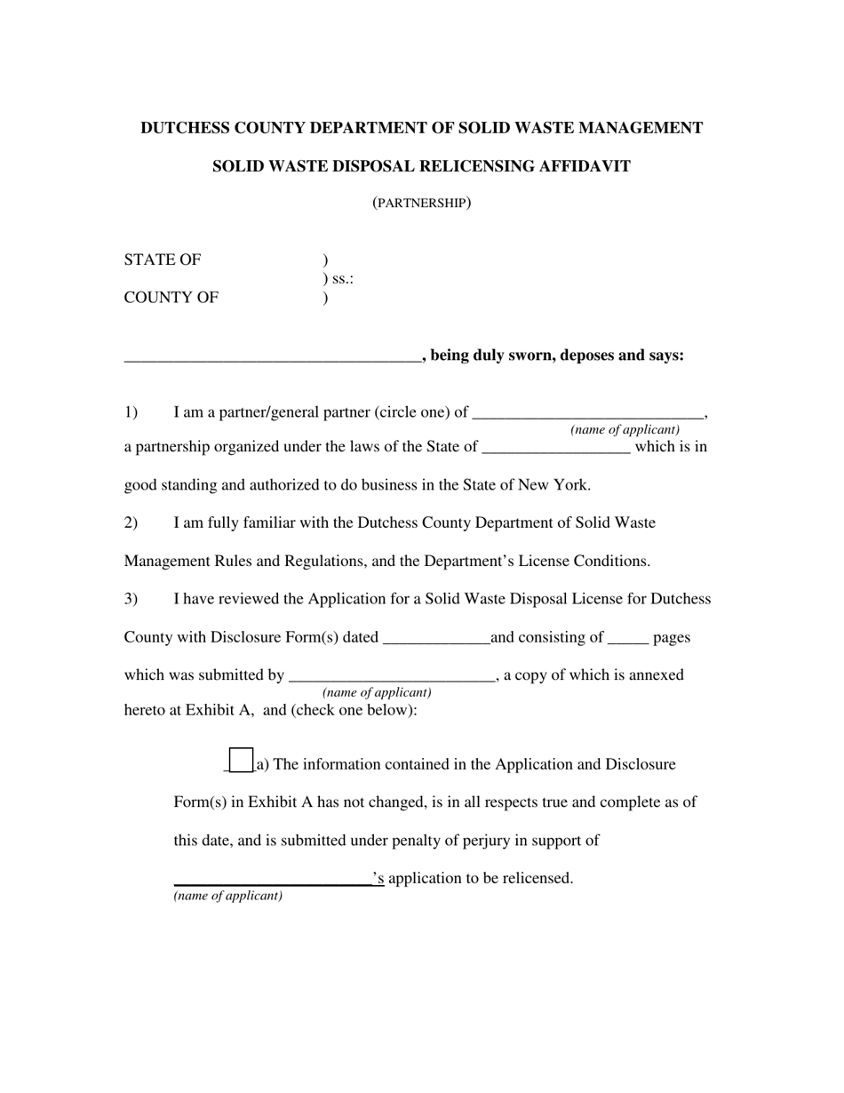 Solid Waste Disposal Relicensing Affidavit (Partnership) - Dutchess County, New York, Page 1