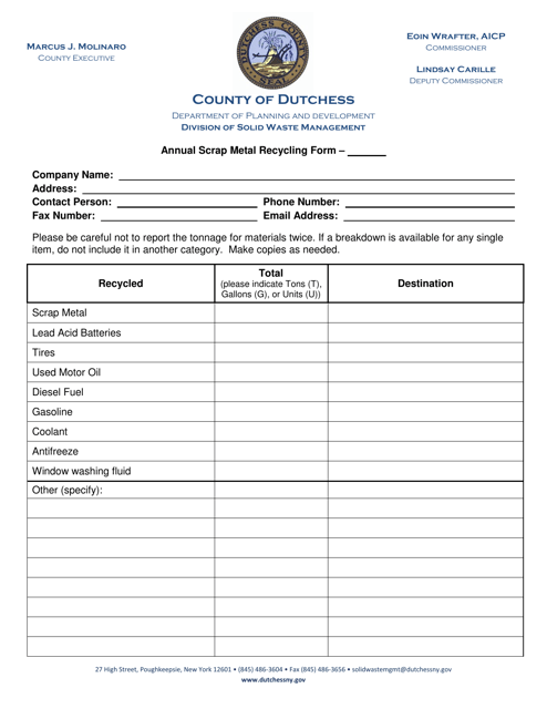 Annual Scrap Metal Recycling Form - County of Dutchess, New York Download Pdf