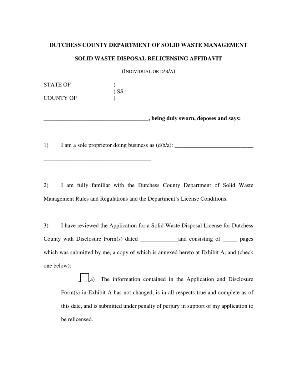 Solid Waste Disposal Relicensing Affidavit (Individual or D / B / A) - Dutchess County, New York, Page 1