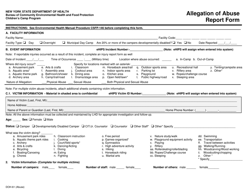 Form DOH-61 Allegation of Abuse Report Form - Putnam County, New York