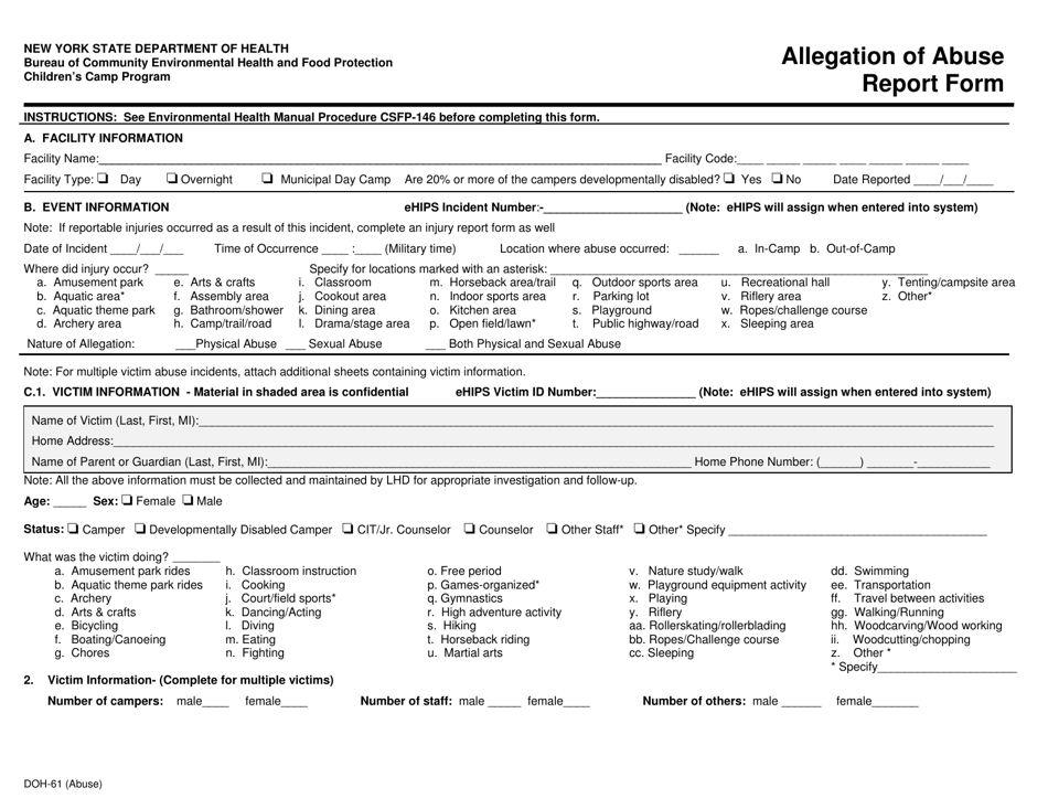 Form DOH-61 Allegation of Abuse Report Form - Putnam County, New York, Page 1