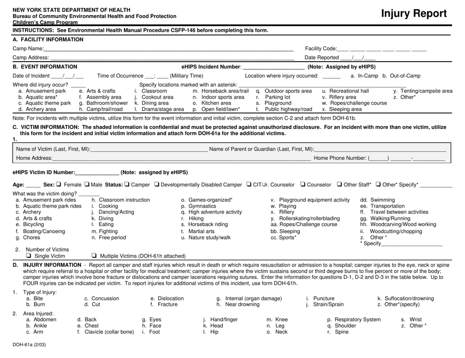 Form DOH-61A Injury Report - Childrens Camp Program - Putnam County, New York, Page 1