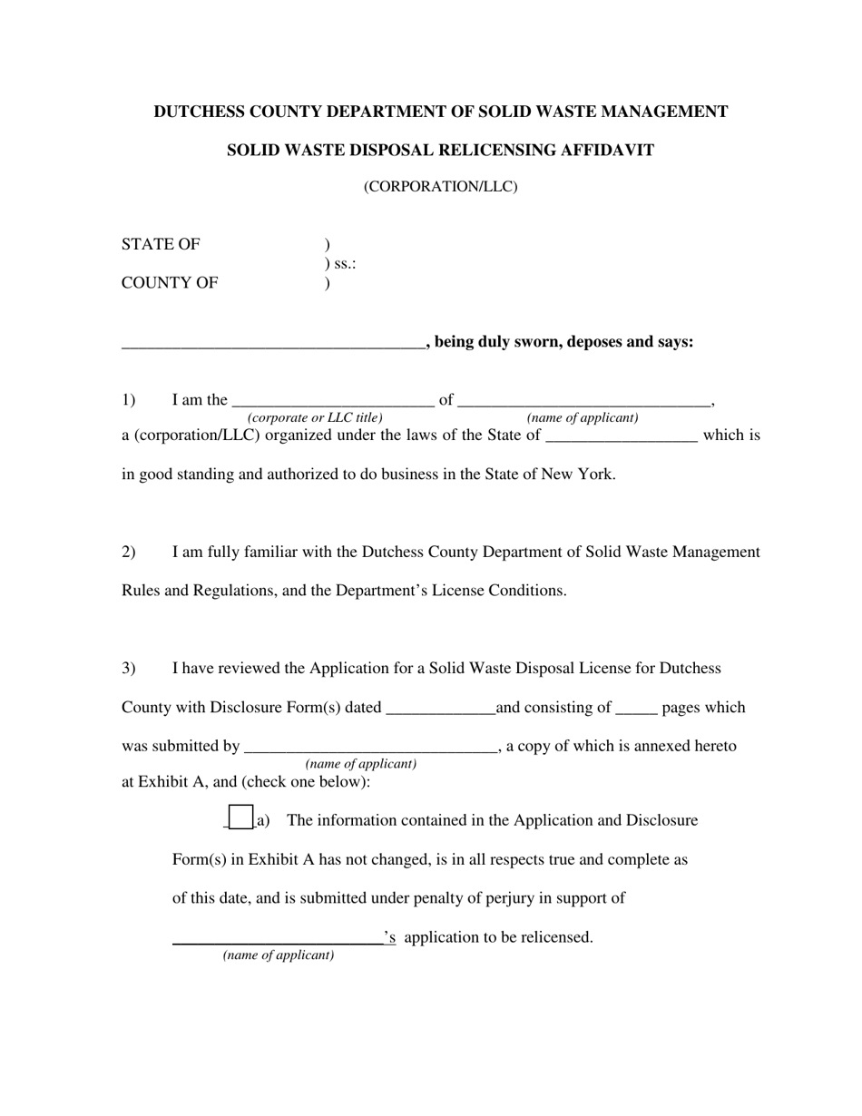 Solid Waste Disposal Relicensing Affidavit (Corporation / LLC) - Dutchess County, New York, Page 1