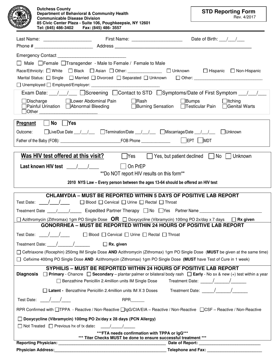 Std Reporting Form - Dutchess County, New York, Page 1