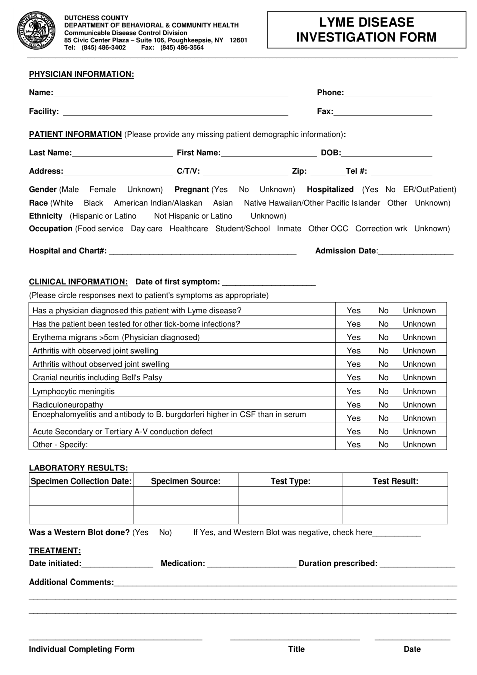 Lyme Disease Investigation Form - Dutchess County, New York, Page 1